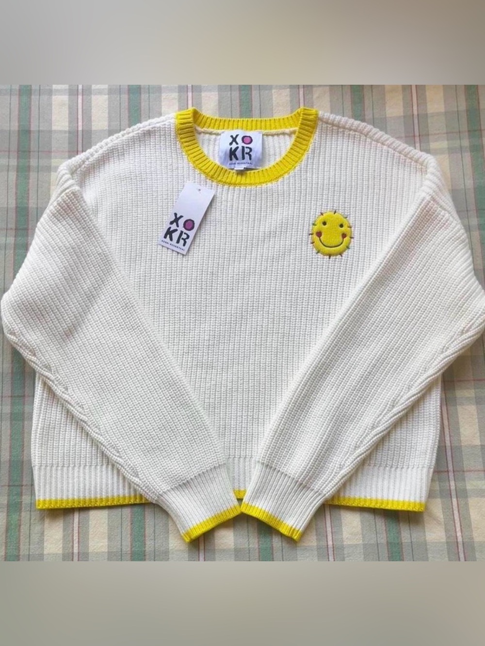 Kerri Rosenthal Cream Crew Neck Sweater with Yellow Trim and Smile Patch - XL